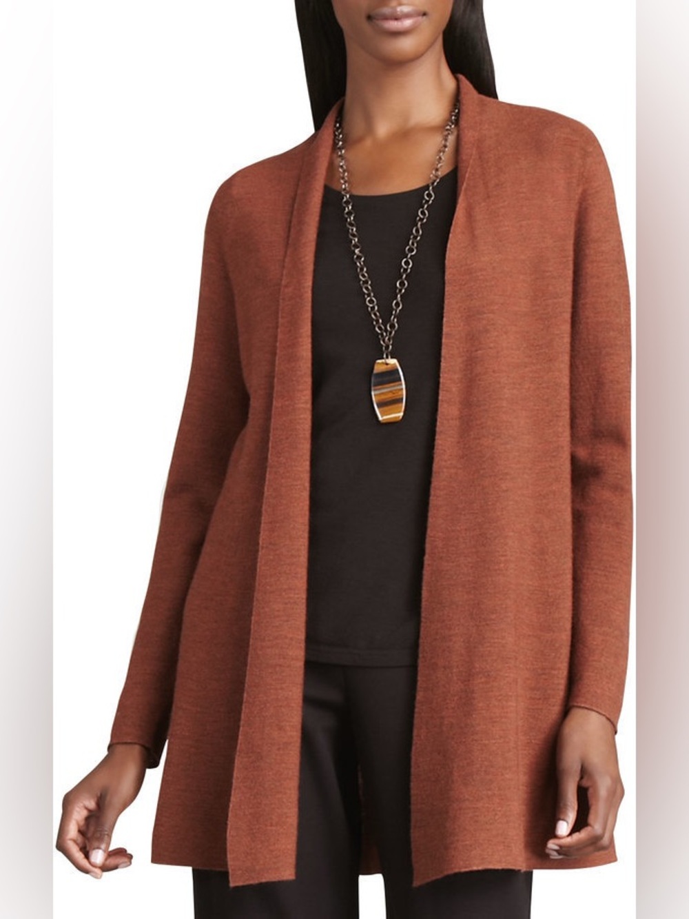 Eileen Fisher Long Wool Cardigan Open-Front Burnt Orange-Brown Merino Sweater - Picture 5 of 5